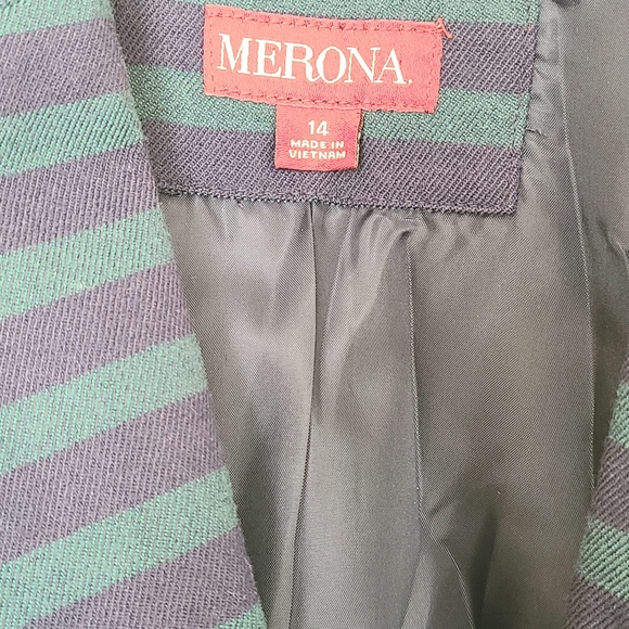 Merona Casual Blazer Jacket Women Green & Blue Striped Career One Button Size 14 - Picture 6 of 6